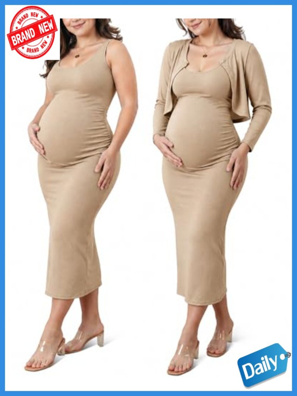2 Piece Maternity Maxi Tank Dress & Cardigan Set | Bodycon Side Ruching Slit |